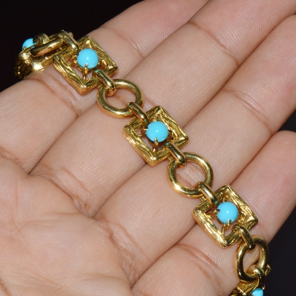 VINTAGE MID-CENTURY SOLID 18K GOLD & NATURAL PERSIAN TURQUOISE BRACELET - Picture 8 of 13